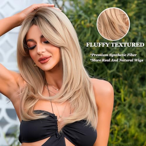 OUFEI Long Straight Blonde Wigs for Women Layered Synthetic Hair Ombre Wig with Dark Roots for Daily Party Cosplay Wear - Image 3