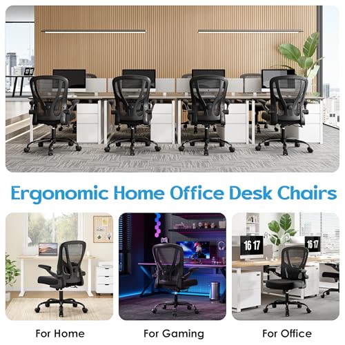 Office Chair Ergonomic Desk Chair - Mesh Computer Chair Breathable Task Chair with Wheels Adjustable Lumbar Support Home Desk Office Chairs with Flip up Armrest Executive Rolling Swivel Black - Image 6
