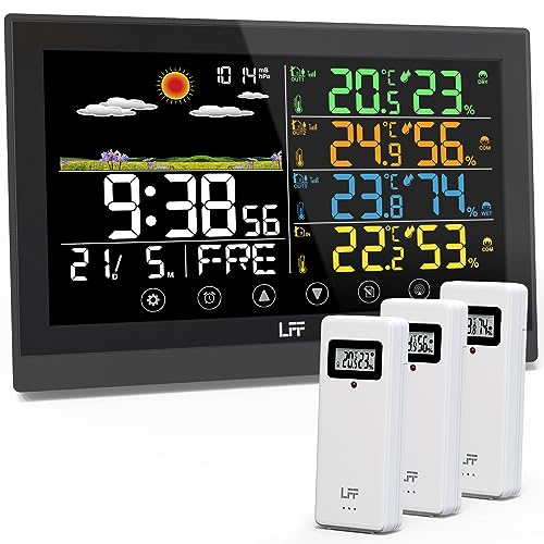 LFF Drahtlose Wetterstation, Funkwetterstation Indoor Outdoor mit Sensoren, Farbdisplay Digitale Atomuhr Innen Außen Thermometer Wireless, Vorhersage...