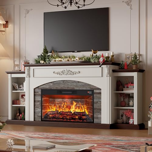 80' Fireplace with Mantel, Electric Fireplace TV Stand for TVs Up to 90 Inch,30” Red Brick Fire Place Insert Heater for Living Room,Farmhouse Entertainment Center with Storage for Bedroom