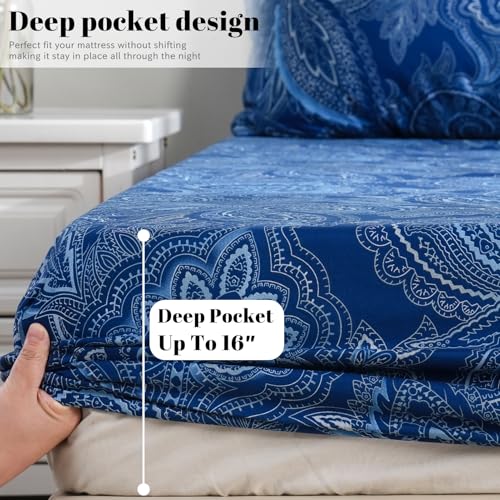 Bedlifes Full Sheet Set Ultra Soft, Breathable, Silky Flower Deep Pocket 100% Microfiber Bedding, 4 Piece Full Size Paisley Dark Navy Blue