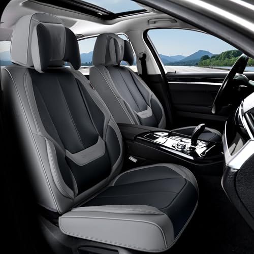Image of Coverado Seat Covers, Car Seat Covers Front Seats, Car Seat Cover, Car Seat Protector Waterproof, Seat Cushion Nappa Leather with Head Pillow, Carseat Cover Universal Fit for Most Cars (Gray&Black)