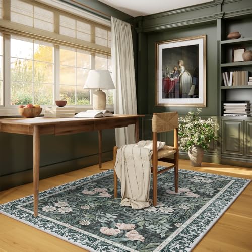 Image of Vintage Floral with Ornate Border Washable 4x6 Area Rug, Soft Low Pile Carpet for Living Room, Dining Room Under Table, Bedroom | Non-Slip, Stain Resistant & Durable