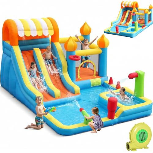 HIJOFUN Inflatable Bounce House for Kids Backyard, Blow Up Water Slides Bouncy Castle for Kids Outdoor with 550W Blower