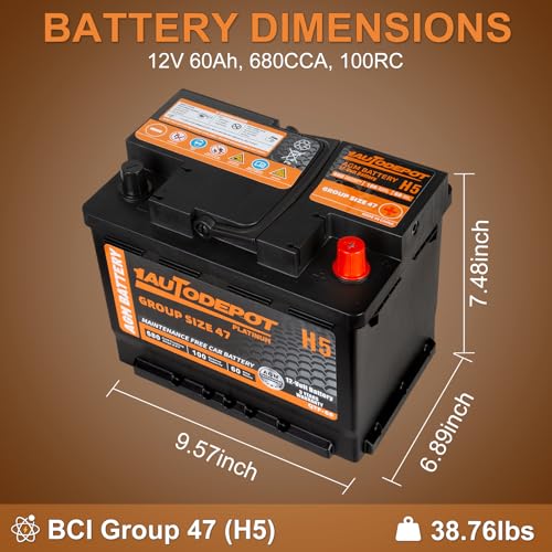 Image of BCI Group 47 Car Battery, 12V 60Ah Size H5 Automotive Battery Premium Maintenance Free AGM Batteries, 680CCA, 100RC