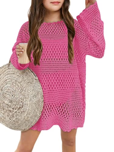 Batermoon Girls Crochet Long Sleeve Swimsuit Cover Up Kids Fashion Hollow Out Swimwear Beach Dress 5-14 Years