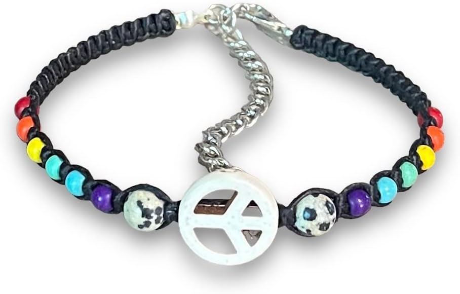 Nove Jewelry LeatherPeace Sign Hemp Bracelet - Handmade Bracelet - Adjustable Cord Surfer Bracelet (Raibbow White)