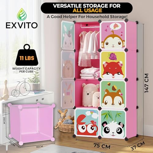 Image of EXVITO 8 Door Kids Plastic Wardrobe for Clothes, Foldable Plastic Almirah for Clothes, Collapsible Wardrobe for Storage, Baby Cupboard for Clothes, Storage Rack for Kids - MT-Pink