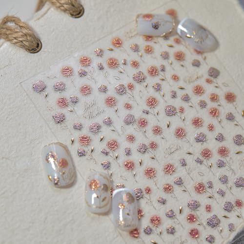 Image of Flower Nail Stickers Rose Nail Art Decals with Gold Design 5D Embossed Self Adhesive Nails Art Stickers Small Floral Nails Decals Charms Supply for Women Girls Manicure DIY Decoration