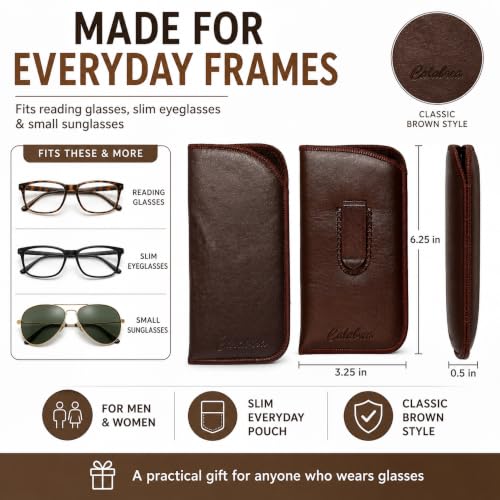 Image of Calabria Slim Eyeglass Case with Felt Lining -Brown (3 Pack) PU Leather | Soft Slip-In Glasses Sleeve | Pocket Clip Option | Protective Slim Eye Glasses Case Soft Pouch