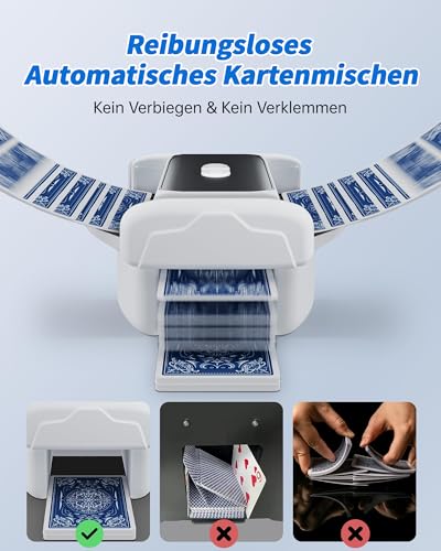 Kevsuvqin Geräuscharmer Kartenmischmaschine Elektrische, 3000mAh Kartenmischer, 2 Modi, Spielkartenablage, Mischmaschine Karten für 2 Decks, Karten Mischgerät für UNO, Poker, Texas Hold Em, Blackjack