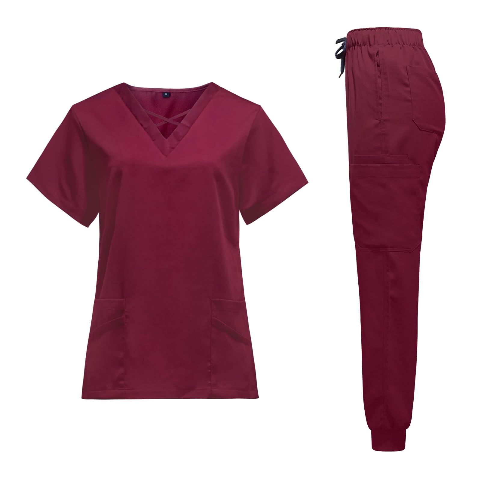 VIAOLI Scrubs for Women Set Modern V-Neck Top & 8 Pocket Jogger Pants Athletic Nursing Uniform Solid Stretch Workwear