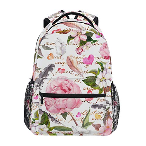 Anantyy - Mochila escolar para niños, diseño de flores, peonías, plumas, corazón, mochila de viaje, bolsa de hombro para niños y niñas, multicolor, M, Mochila para niños