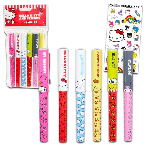 Hello Kitty Canetas para crianças, adultos – Conjunto de 6 canetas esferográficas Sanrio para presente com Hello Kitty, My Melody, Cinnamoroll, mais adesivos Plus | Conjunto de material escolar Sanrio