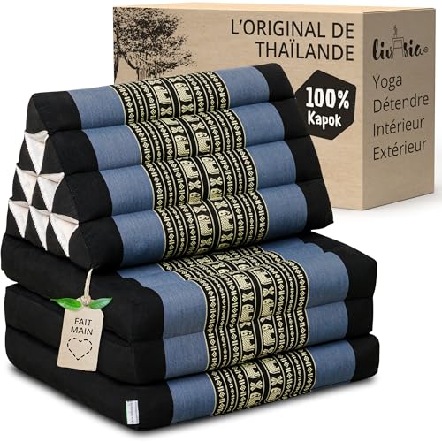 livasia Coussin thaï à 3 Blocs - 175x50x8cm - Coussin Triangulaire avec Matelas Pliable, Coussin en biseau kapok, Coussin de Soutien Dorsal Pliables, Tapis...