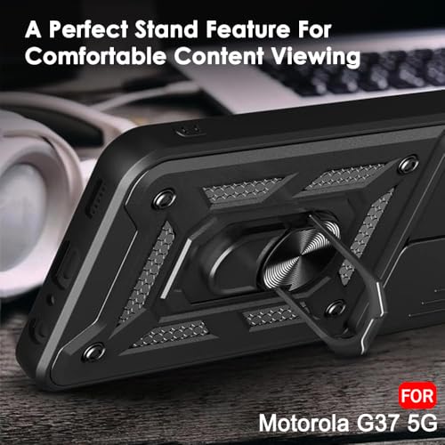 Image of TheGiftKart Tough Armor Bumper Back Cover Case for Motorola Moto G37 5G | Kickstand & Ring Holder | 360 Degree Protection Back Cover Case for Motorola G37 5G (PC & TPU, Sliding Camera Cover, Black)