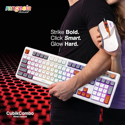 Image of FINGERS CubikCombo Wired Keyboard & Mouse Combo (RGB Backlit Keys, Volume Control Knob, 7200 DPI RGB Mouse, Rugged Build, Plug & Play, Braided Cable), Classic White + Orange-Grey Accents