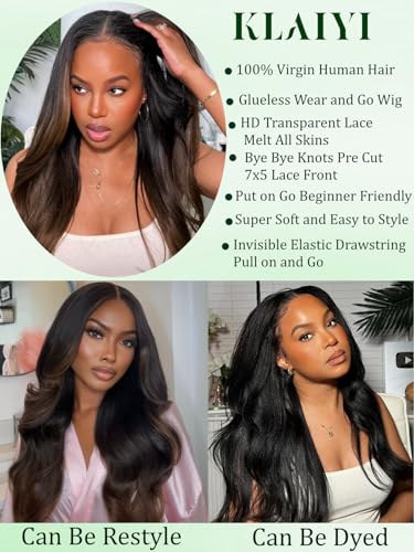Image of KLAIYI Ombre Brown Yaki Straight Bye Bye Knots Precut 7x5 Lace Front Wigs Human Hair Glueless Drawstring Pre Plucked Bleached 3S Ready to Wear and Go Wig with Dark Roots Chestnut Balayage Brown 24Inch
