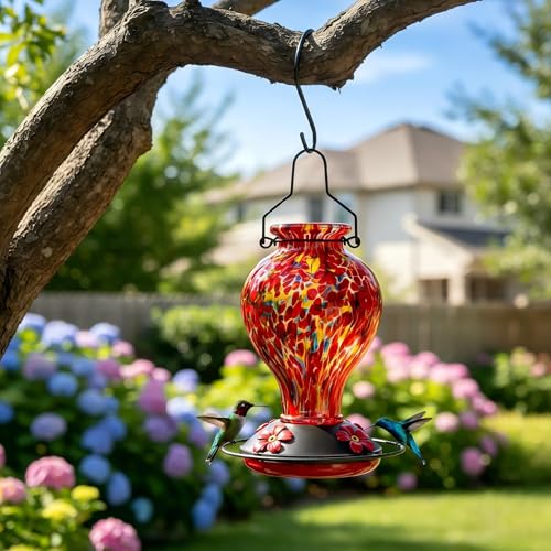 Tegarbed Hand Blown Glass Hummingbird Feeders for Outdoors Hanging, 24oz Wild Bird Nectar Feeder with Ant Moat and Perch, Bee-Resistant Ports, Garden Decor, Gifts for Women Mom, 1 Pack, Red Polka Dots by Tegarbed - Used condition - Image 8