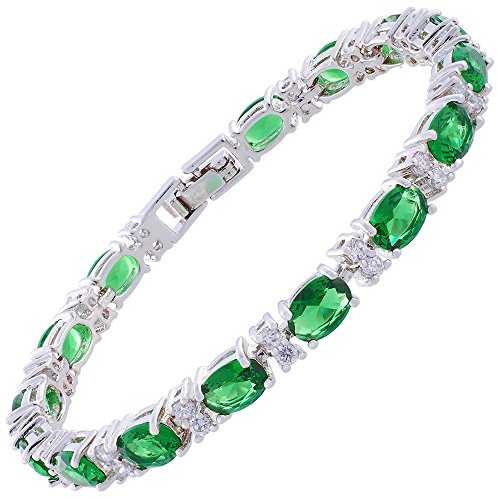 Rizilia Eternity Tennis Bracelet [18cm/7inch] with Oval Cut Gemstones CZ [Green Emerald] in 18K White Gold Plated, Simple Modern Elegance
