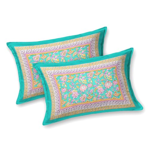 Image of RajasthaniKart Pure Cotton 240 TC Printed Double /King Bed Elastic Fitted Bedsheet with 2 Pillow Covers - All Around Elastic | 72 inchx78 inch, Fits Up to 8 inch Mattress | Green Jaal Jaipuri Print