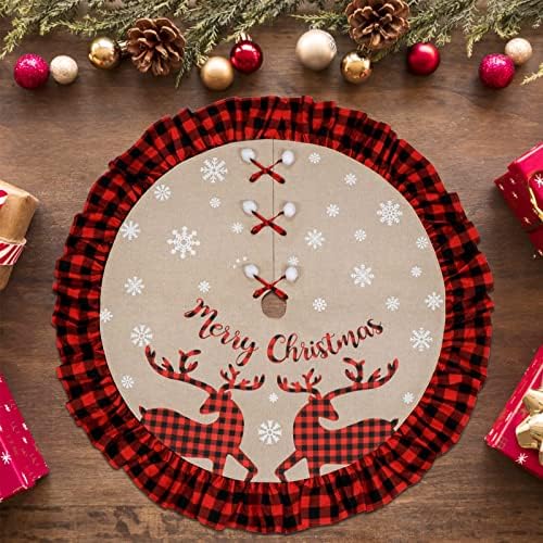AerWo Christmas Tree Skirt, 48 Inch Red and Black Buffalo Check Plaid Tree Skirt with Elk and Snowflake, Double Layers Burlap Xmas Tree Skirt for Rustic Christmas Holiday Decorations