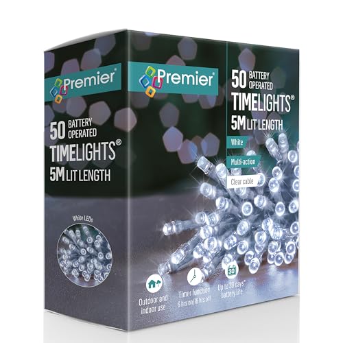 Premier 50 Battery Operated White LED Timelights, 5m Lit Length, Clear Cable, Multi-Action with Timer Function, Indoor and Outdoor Use