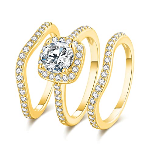 18K White Gold Plated Three-in-One Halo Wedding Bridal Ring Set for Women Cubic Zirconia Engagement Eternity Rings Band