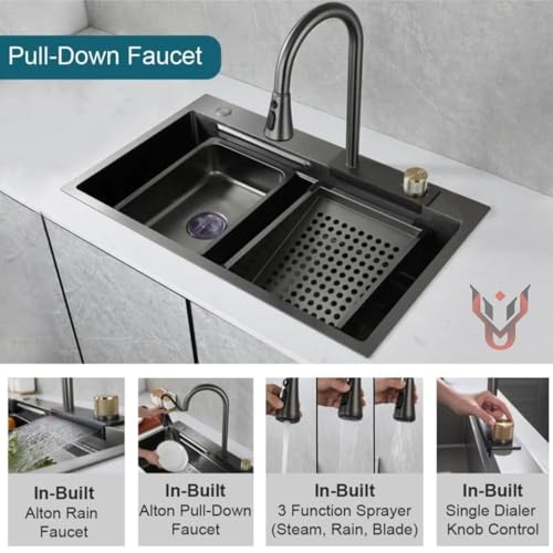 Image of Kitchen Sink 304 Grade Anti Scratch Design with Integrated Waterfall and Pull-Down Faucet Set and All Accessories (All in One (24X18X9))