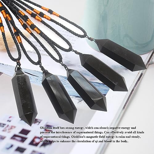 Image of Runyangshi Black Obsidian Healing Crystal Pendants, Double Pointed Natural Crystal Quartz Necklace 6 Faceted Chakra Crystal Wand Stone