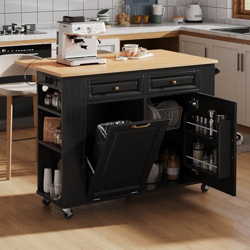 Yihomfy îLot De Cuisine Sur Roulettes Avec Rangements, îLot Central Cuisine Avec Poubelle Et Porte-Serviettes, îLot De Cuisine Mobile éQuipé D'Une Prise...