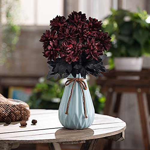 Hamore 10Pcs Burgundy Flowers Wine Red Dahlias Flower Faux Dahlia Stems Artificial Silk Dahlia Bouquet Long Stem Flowers For Halloween Wedding Bridal Bouquet Harvest Table Centerpieces Home Decor, 16" #TOP6