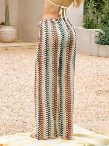 Image of ZAFUL Womens Beach Cover Up Pants Sexy Crochet Drawstring Elastic Boho Swimsuit Cover Up Long Pants Beach Wear