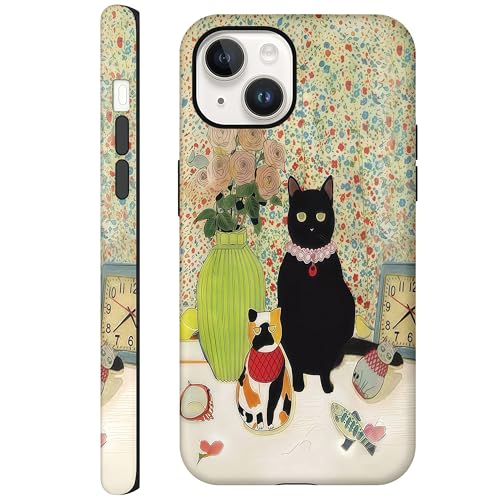 Coque iPhone 15 antichoc chat floral résistante aux rayures