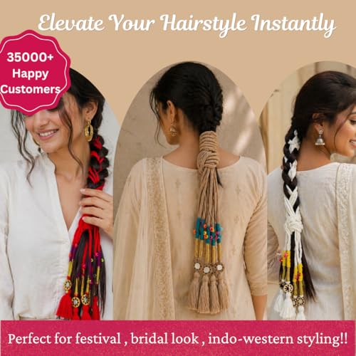Image of Zippy Flora Handmade Boho Parandi / Paranda Traditional Hair Accessory for Women & Girls | Ethnic Braided Hair Tassels, Choti Hair Extension, Decorative Braid Jewelry for Festive & Wedding Hairstyles (Neelima Dark Beige)