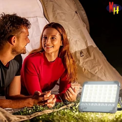 Image of kh Solar LED Work Light, Portable Rechargeable Flood Light with USB Charging, 5 Lighting Modes, IP66 Waterproof, Solar Emergency Lamp for Camping, Garage, Farm, Hotel & Power Outage (Grey)
