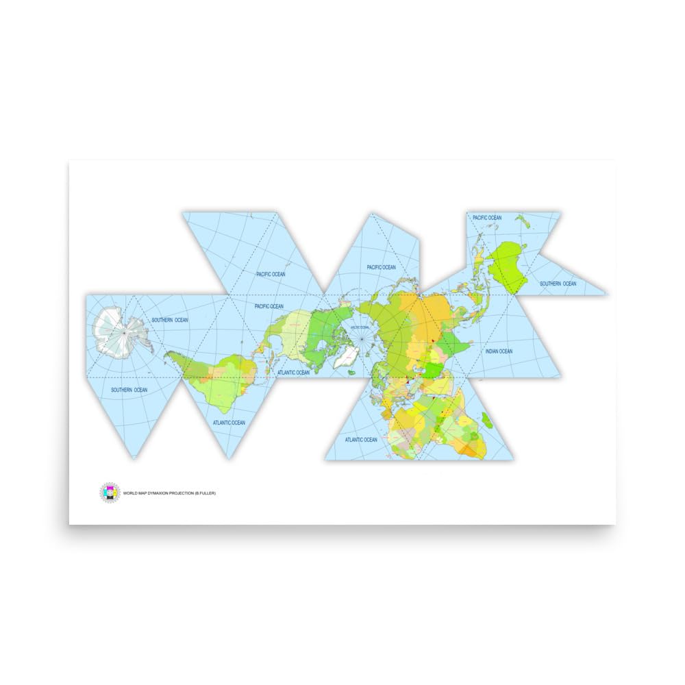 World Map Dymaxion Projection, Wall Art 36'x24' Wall Interior Office Home Decor Matte Poster Blue B0DCTFTDBS