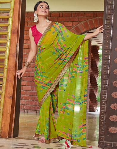 Image of SIRIL Women's Printed Chiffon Saree with Unstitched Blouse Piece