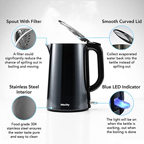 Mecity Electric Kettle 100% Stainless Steel Interior Fast Heating Water Kettle Double Wall Kettle Water Boiler, Cool Touch Auto Shut Off, 57 Ounce, 120V, 1500W #TOP3