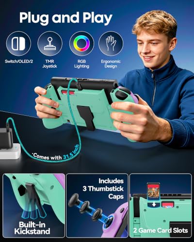 Image of OIVO Switch 1 /2 Controller for Original /OLED /Switch 2 Console, Stretchable Switch Handheld Joypad Ergonomic Grip for NS Pro Controller with RGB Light, TMR Joystick, Turbo, 4 Macro, Purple & Green