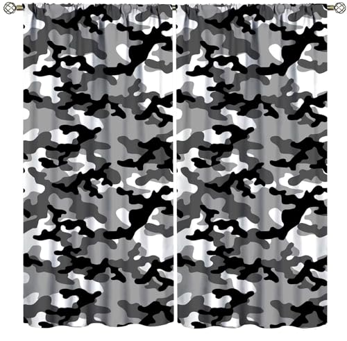 Zhirain Camo Curtains Gray Military Camouflage Art Black White Gray Blackout Rod Pocket Curtains For Bedroom Living Room Kitchen Decor Thermal Insulated Window Drapes 2 Panel Set 42X45 Inch cover