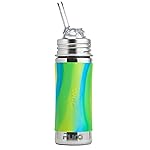 Pura Kiki 11oz/325ml Stainless Steel Straw Bottle w/Sleeve - 100% Plastic-Free, MadeSafe Certified, 100% Medical-Grade Silicone Straw for Kids, Toddlers, Preschoolers, & Infant - New Aqua Swirl