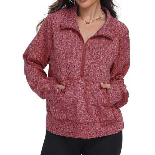 Kimmery Womens Half Zip Fleece Sweatshirt for Women Pullover Sweatshirts with Kangaroo Pocket Athletic Daily Outfits Wine S — view 2
