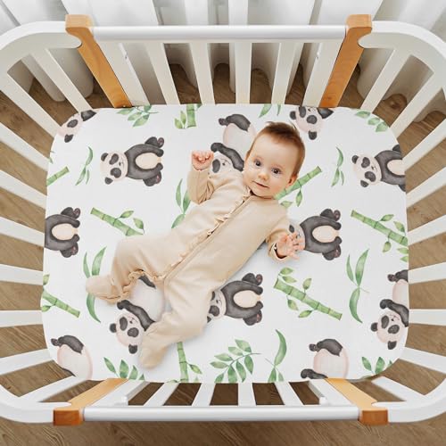 Image of Fitted Crib Sheets Panda Stretchy Portable Playard Sheets for Baby Toddler, Breathable Soft Mini Crib Mattress 39 x 27 in for Boys and Girls