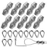 21 Stück 4 mm Drahtseilklemme Set, Edelstahl 304 Seilklemmen, M4 Drahtseilklemmen mit 10 Kauschen & 10 Klemmen & Schraubenschlüssel, Drahtseilzubehör für Wäscheleine, Markise, Zaun, Geländer