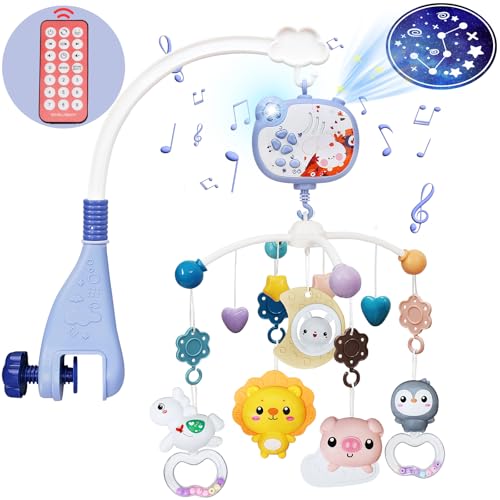 Image of Baby Mobiles for Cribs, Crib Mobile with Music and Lights, Nursery Musical Mobile for Bassinets Hanging Toys with Remote Control, Rotation, Projection, Animal Mobile Arm Clip On for Infant Boys Girls