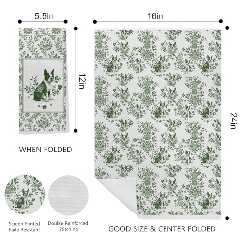 Image of Chinoiserie Boston Terrier Kitchen Towels Set of 2, Green and White Floral Dog Dish & Tea Towels 16x24 Inch, Vintage Toile Farmhouse Kitchen Bathroom Decor, Dog Lover Gifts