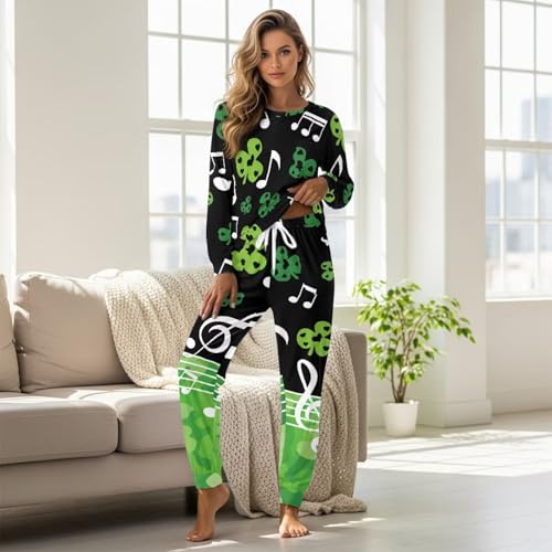 Image of Womens Lounge Set Long Sleeve Soft Pajama Sets Casual 2 Piece Pj Outfit Crewneck Sleepwear with Pockets Plus Size