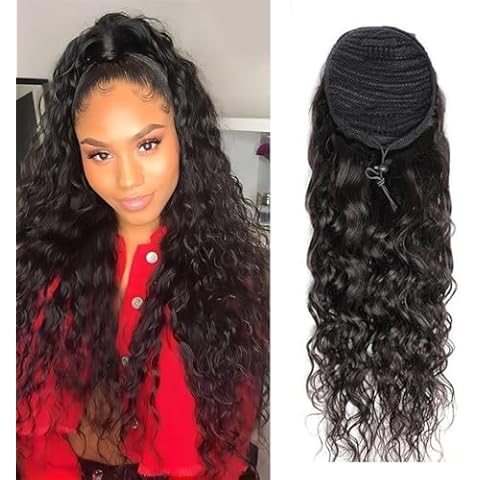 Water Wave Ponytail Extension Human Hair Drawstring Ponytail Human Hair Ponytail Extension Natural Black Water Wave Ponytail Extension Clip in Extensions for Women 22 Inch Cover