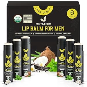 Lip Balm for Men – Mens Lip Balm Vitamin E and Beeswax – Chapstick for Men – Peppermint, Coconut & Vanilla – Made in the USA (USDA Organic, 6 Pack)